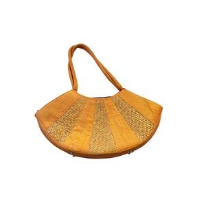 Vintage 1970s Orange Straw Woven Fan Shape Sun beam Shoulder Bag Purse